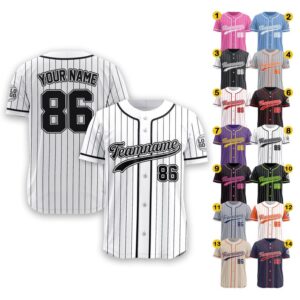 Custom Baseball Jersey Shirt With Team Name Number Logo for Adult Preschool Youth, Pinstripe Black White Jersey