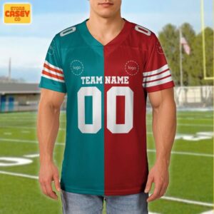 Custom Football Jersey, Any Two Team Red And Teal Color, Split Half Uniform, Personalized Clothing gift, Christmas Gifts For Him