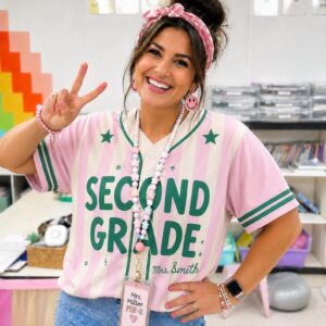 Custom Teacher Baseball Jersey, Personalized Grade Level & Name Pinstripe Shirt, Back to School Teacher Outfit, Cute Teacher Gift Idea