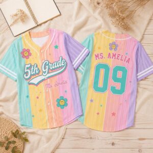 Personalized Grade Level & Name Baseball Jersey, Custom Teacher Pinstripe Shirt, Pastel Rainbow Baseball Jersey, Back to School Teacher Gift