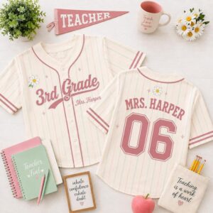 Custom Grade Level Teacher Baseball Jersey Shirt, Personalized Name and Number Pinstripe Shirt, Back to School Teacher Outfit