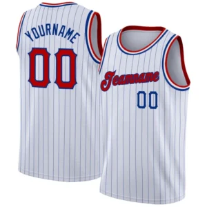 Men Stripes White & Red Basketball Jersey – Custom Name & Number Team Uniform