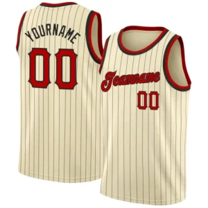 Men Stripes Beige & Red Basketball Jersey – Custom Name & Number Team Uniform